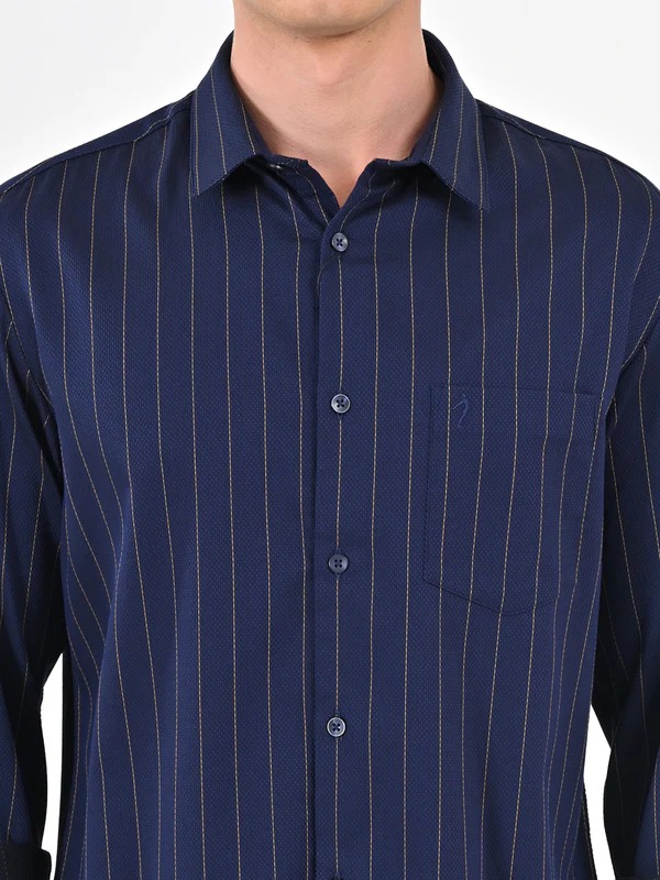 Indian Terrain Men's Regular Fit Full Sleeve Striped Navy Shirt